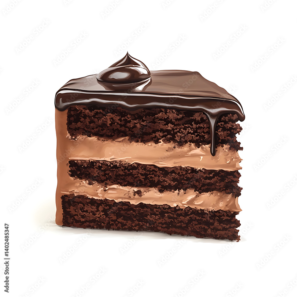 Obraz premium A thick slice of chocolate fudge cake with dense layers, smooth chocolate ganache, and glossy topping