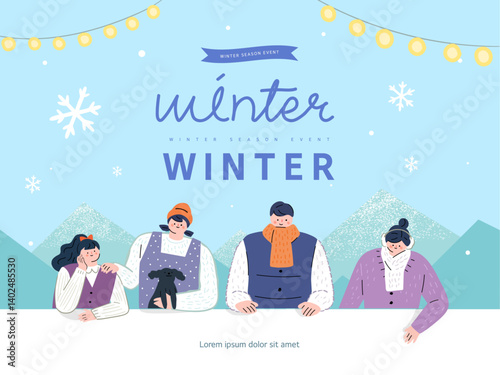 Winter Wonderland Flat Design Illustration: Flat style illustration featuring snowy trees, falling snowflakes, and a whimsical snowman under a glass dome. Great for seasonal marketing materials.