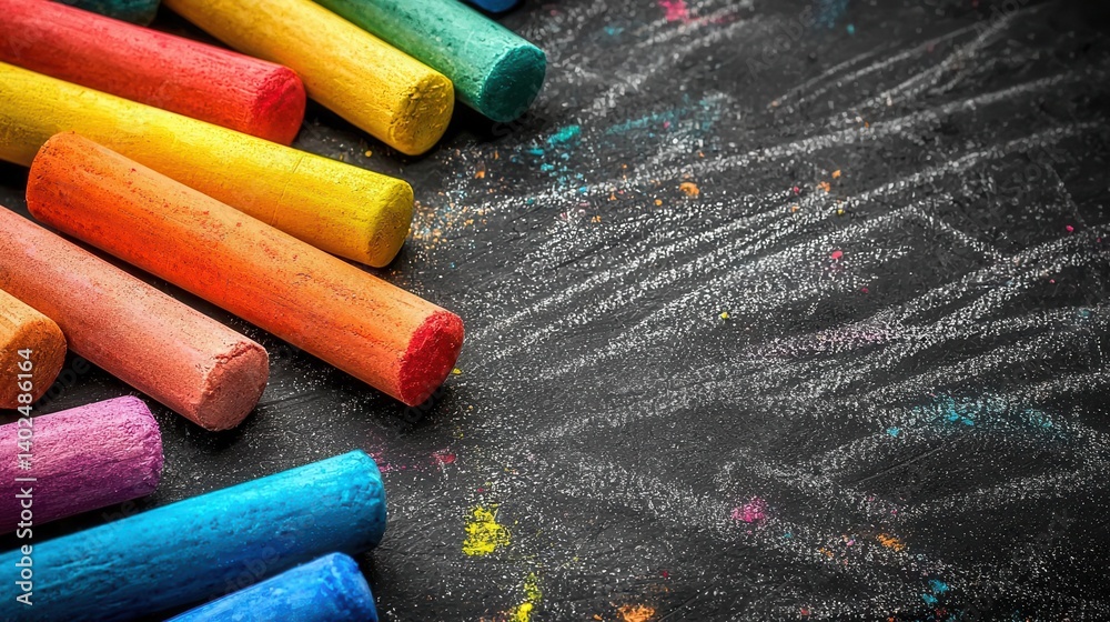 Colorful chalk pieces scattered over a dark chalkboard, perfect for creative projects and educational materials. Copy space, 300dpi, commercial use Colorful chalk pieces scattered over a dark chalkboard, perfect for creative projects and educational materials. Copy space, 300dpi, commercial use