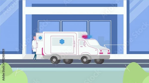 2d Animated illustration Male And Female Doctors Or Nurse Getting On The Emergency Bus Ambulance In Front Of Hospital.