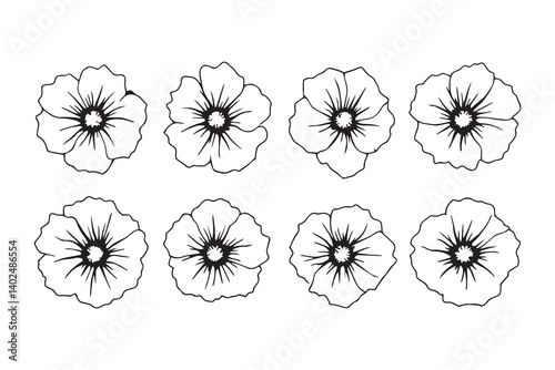 Set of 6 pec in two row  Hollyhock black line art on white background