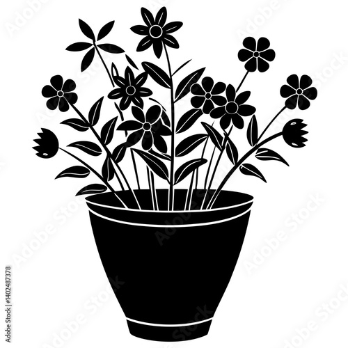 A silhouette of a flower pot with blooming plants, white background 
