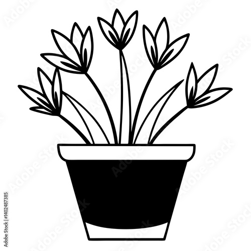 A silhouette of a flower pot with blooming plants, white background 