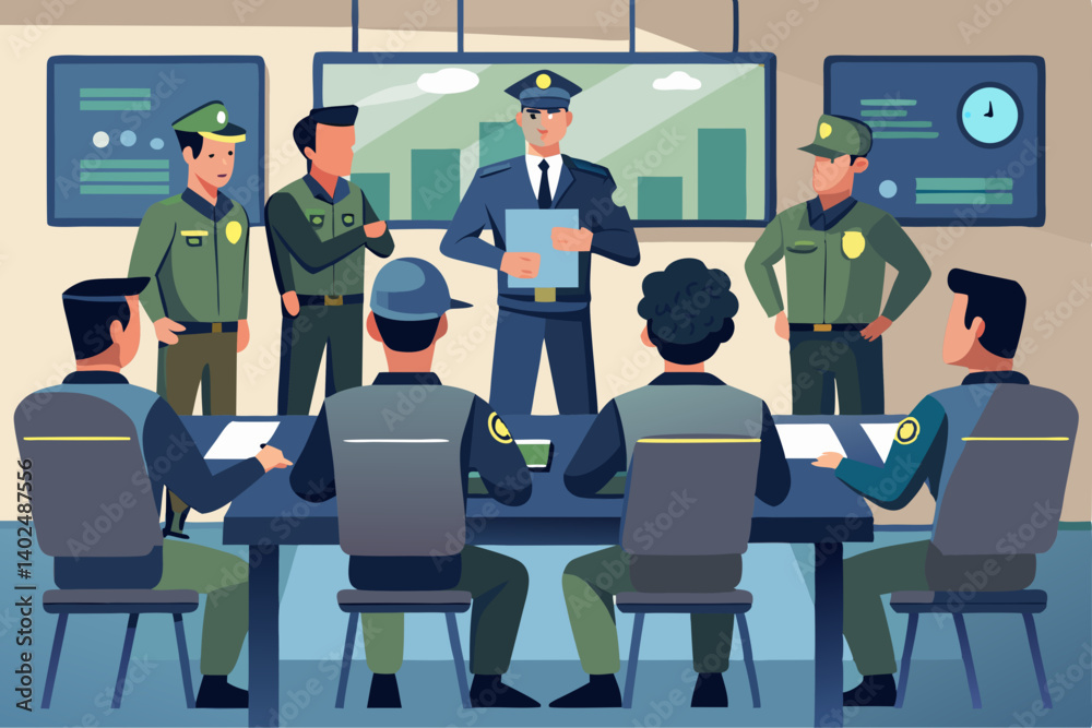 Flat vector of law enforcement officers attending a tactical briefing Flat vector of law enforcement officers attending a tactical briefing