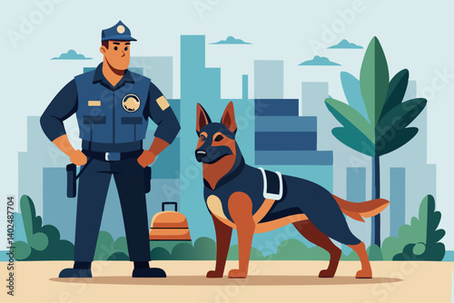 Vector artwork of a police dog (K9 unit) with handler in a training environment