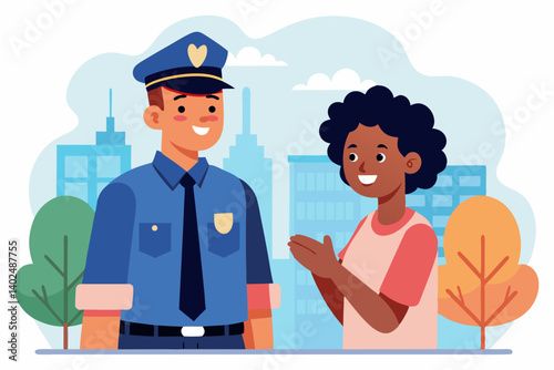 Flat vector of a police officer talking to a civilian during a community patrol
