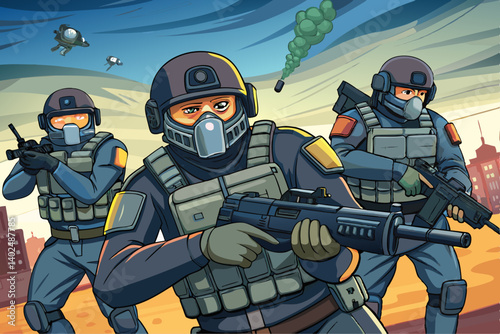 Vector concept of a SWAT team in action wearing tactical gear and helmets