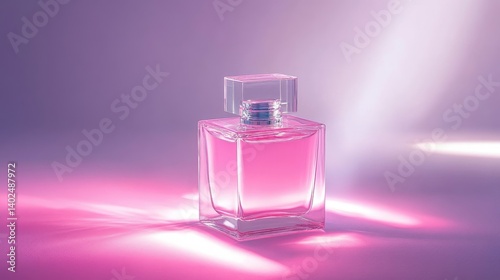 Modern square glass perfume bottle with pink fragrance inside, illuminated by a subtle pink light beam
