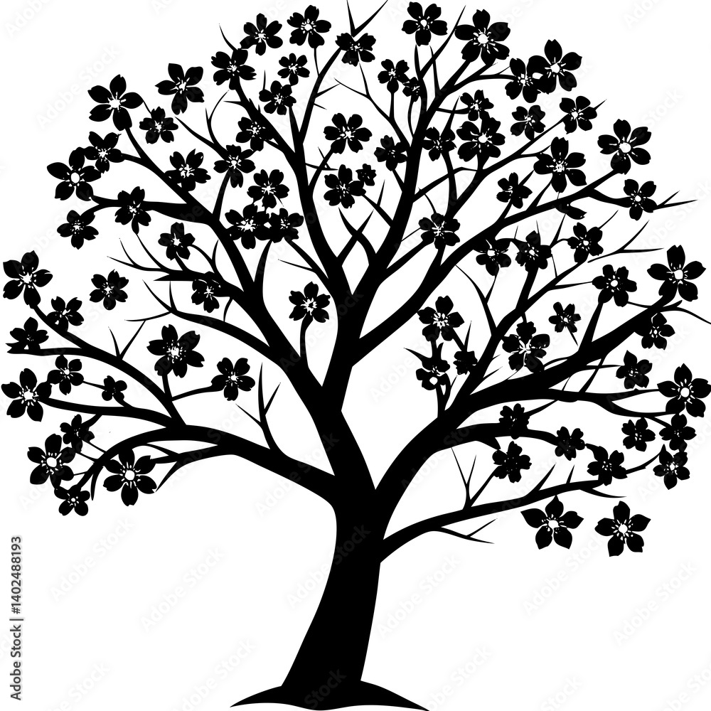 A silhouette of a tree with its roots visible, spring flowers growing around, white background A silhouette of a tree with its roots visible, spring flowers growing around, white background