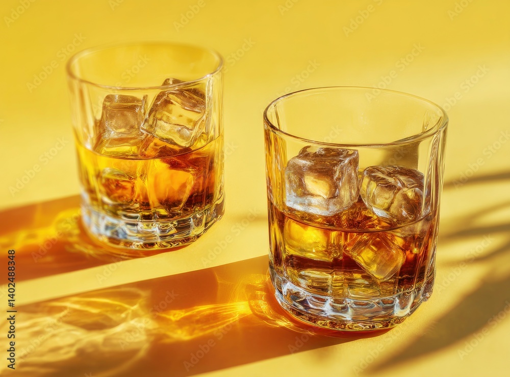 Drinks with Ice on Yellow Tabletop Under Sunny Light Drinks with Ice on Yellow Tabletop Under Sunny Light