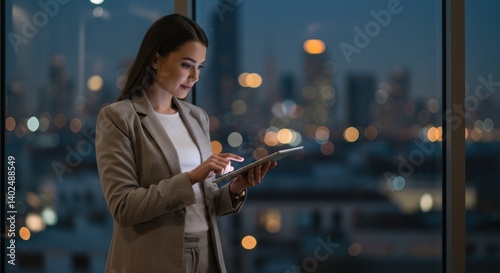 Wallpaper Mural Woman in suit uses tablet at night with city lights background. Torontodigital.ca