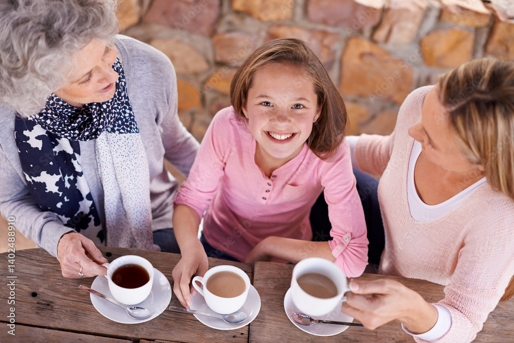Portrait, women or girl to relax, family or tea to share, wisdom or visit as bonding together. Grandma, mother or female child as smile, drink or retirement at outdoor coffee shop or park table