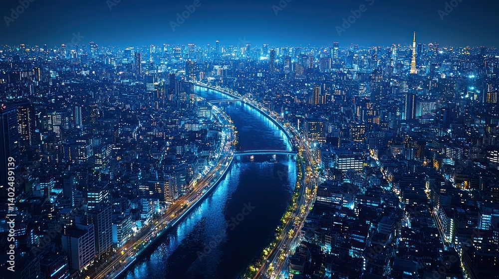 Fototapeta premium Tokyo Nightscape: Aerial View of Illuminated City and River