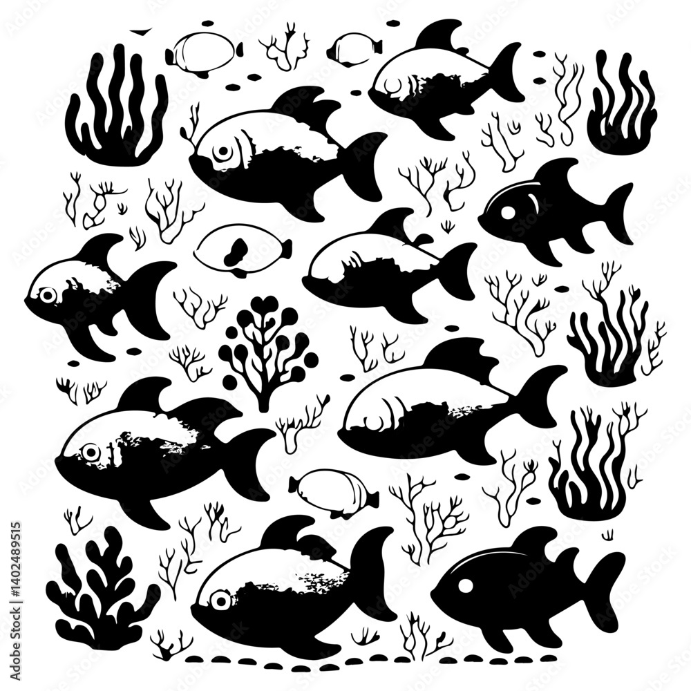 Underwater Life Pattern with Fish and Algae Underwater Life Pattern with Fish and Algae