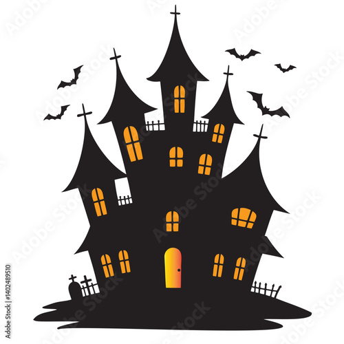 Spooky Halloween night cartoon vector illustration features a haunted old castle silhouette with bats under a dark moon