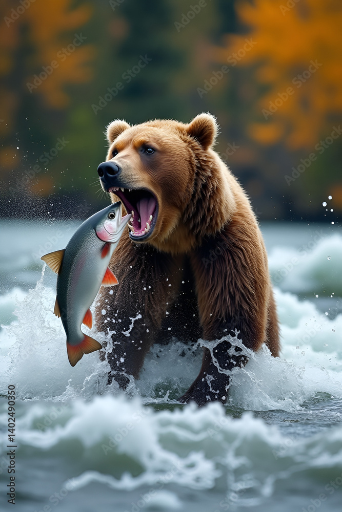 Brown Bear Catching Salmon in Rushing River Brown Bear Catching Salmon in Rushing River