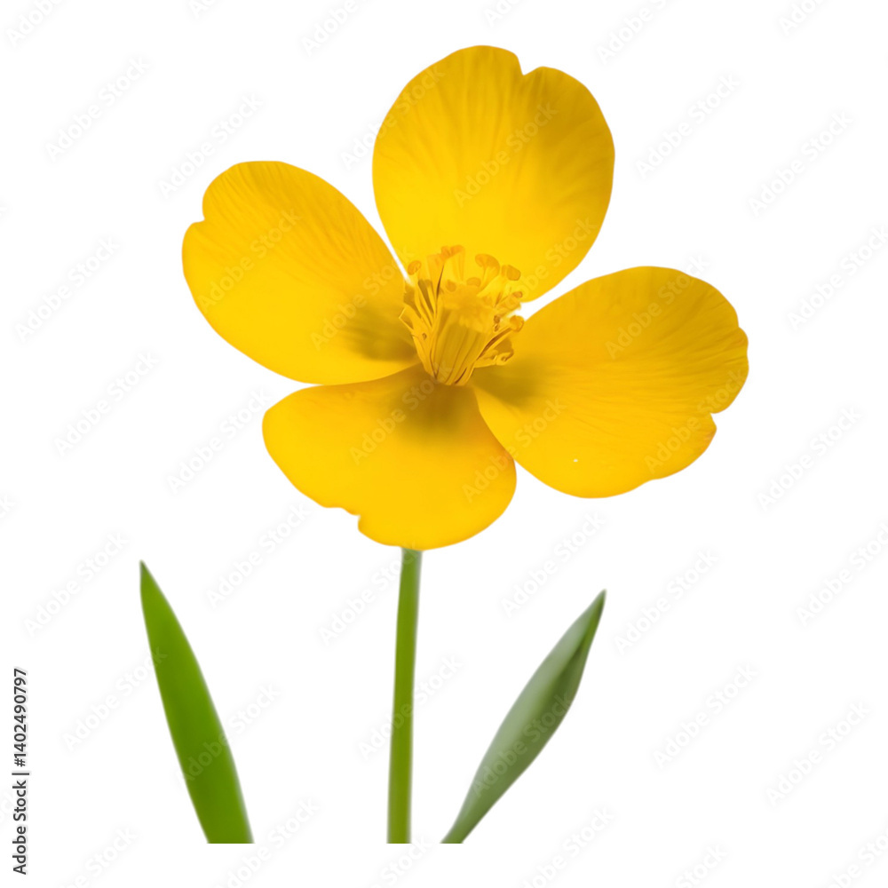 Fototapeta premium Bright yellow buttercup flower with a green stem and leaves isolated on white