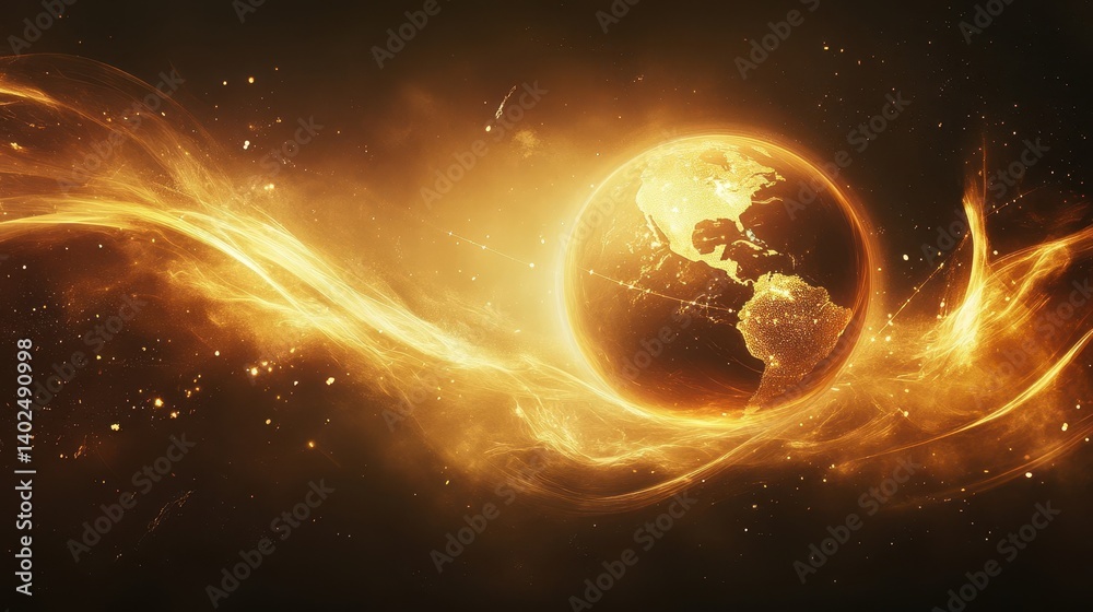 Fototapeta premium A Glowing Orb Encased Within Fiery Swirls In Space