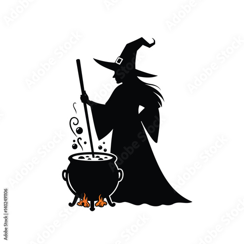 Black halloween witch woman in cartoon hat flies on a spooky broom, a fun magic illustration for the holiday