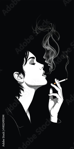 Elegant woman smoking a cigarette in fashionable vector style