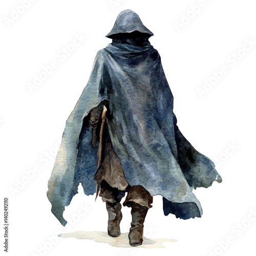 Mysterious Cloaked Traveler, vector watercolor illustration, isolated on a white background.