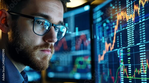 Young Man Analyzing Financial Data on Multiple Monitors with Graphs and Charts in Modern Office
