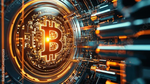 Futuristic Digital Visualization of Bitcoin Cryptocurrency in Network with Orange Glow and Circuits