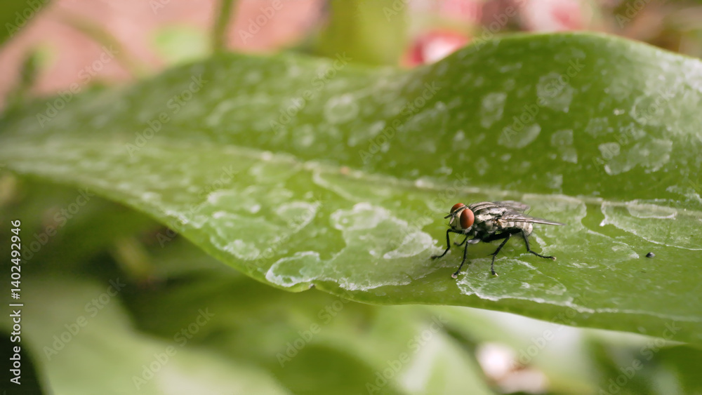 Close-up of a housefly on a green leaf. Macro photography of a housefly on a green fern. Close-up of a housefly on a green leaf. Macro photography of a housefly on a green fern.
