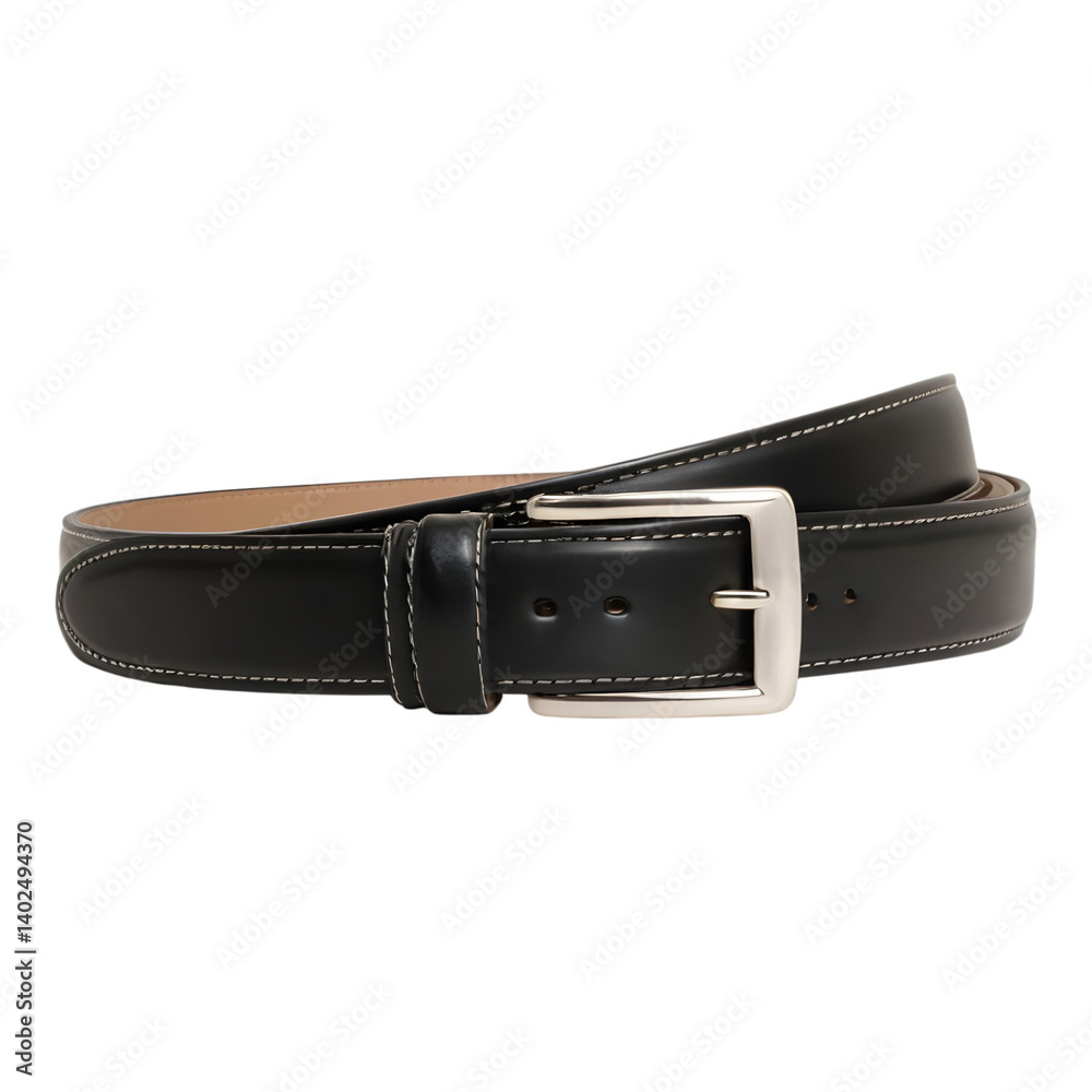 Black leather belt with silver buckle laid flat for accessory or fashion styling use Black leather belt with silver buckle laid flat for accessory or fashion styling use