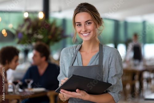 Smiling server takes customer orders in a vibrant restaurant, offering excellent service and a warm atmosphere, making guests feel welcome.