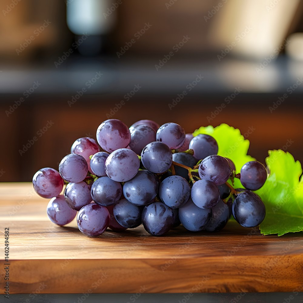 Single bunch of ripe grapes placed on smooth wooden counter in sharp focus, with softly blurred vineyard behind, capturing fresh harvest season clean and calm rural setting with natural light. Single bunch of ripe grapes placed on smooth wooden counter in sharp focus, with softly blurred vineyard behind, capturing fresh harvest season clean and calm rural setting with natural light.