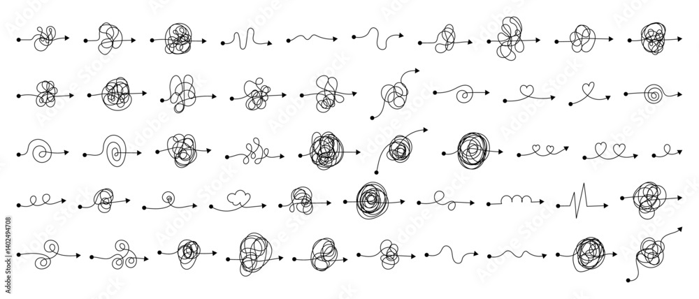 Obraz premium Tangled Line Path with Dot and Arrow