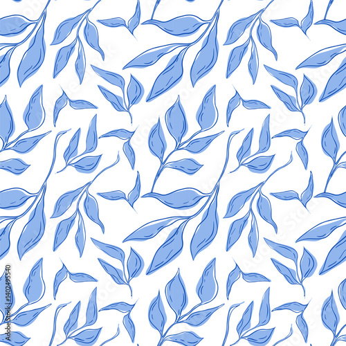 A pattern with delicate blue leaves. This pattern is perfect for fabric, wrapping paper, or product design.Vector illustration