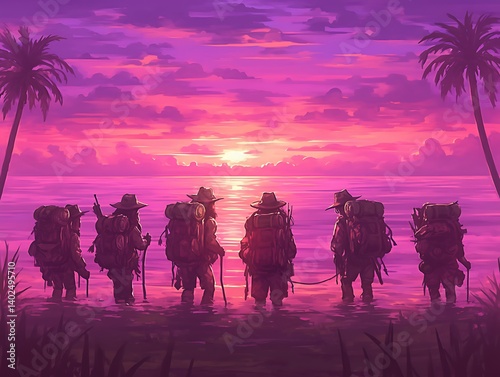 Explorers Sunset Beach Scene