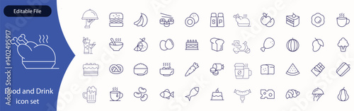 Food and Drinks Line Icons. Editable Stroke. Pixel Perfect. For Mobile and Web. Contains such icons as Bread, Wine, Hamburger, Milk, Carrot, Fruit, Vegetable.