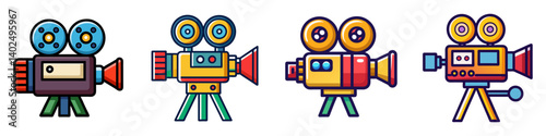 Collection of Retro Colorful Movie Cameras Filmmaking Equipment