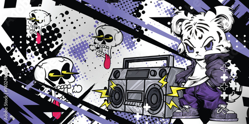 Cartoon white tiger and skull grunge abstract background