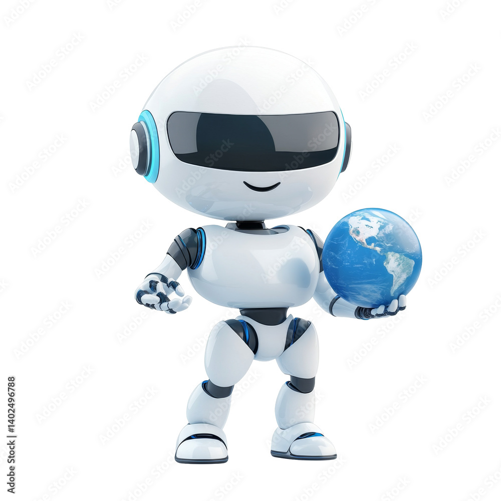 Adorable robot holding small globe in hand with friendly expression and futuristic design Adorable robot holding small globe in hand with friendly expression and futuristic design