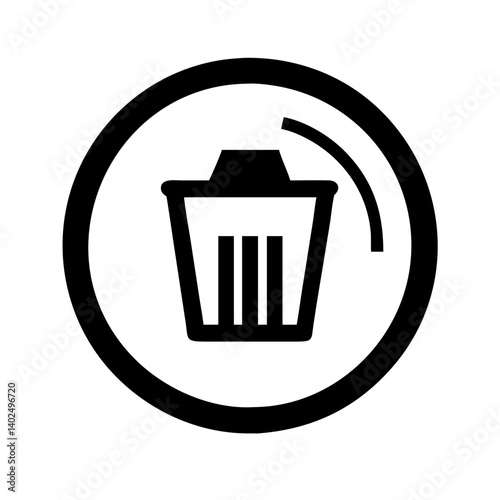 Delete Icon in Circle: A simple, yet effective black and white icon depicting a trash bin within a circle. It symbolizes deletion, removal, disposal, and the concept of discarding unwanted content.