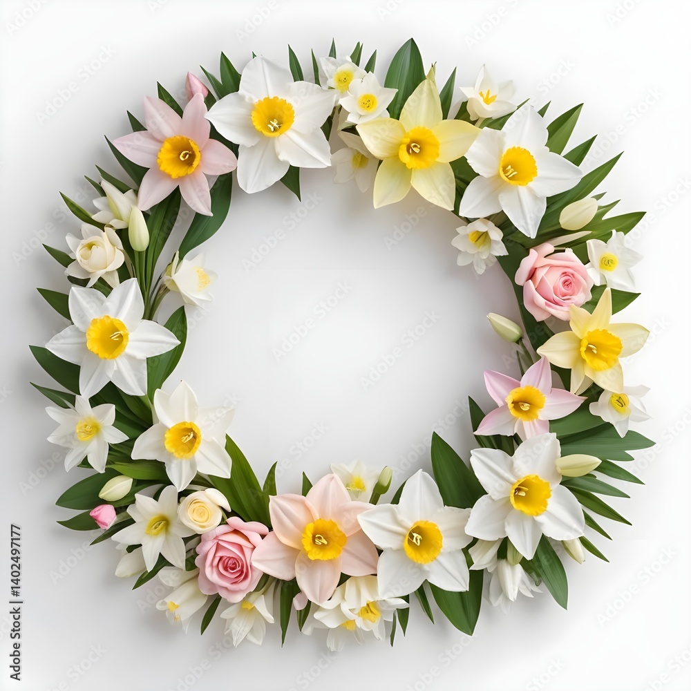 Fototapeta premium Spring Flower Wreath with Daffodils and Roses