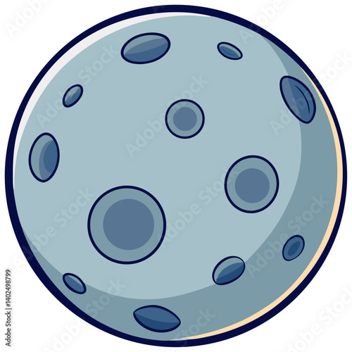 Grey cartoon moon with craters and smooth round shape  

