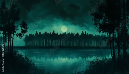 Dark Forest Lake Moonlit
