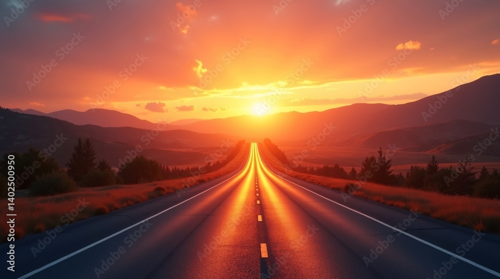 Sunset glow over winding asphalt highway with scenic hills and vivid orange sky perfect for travel backgrounds Sunset glow over winding asphalt highway with scenic hills and vivid orange sky perfect for travel backgrounds