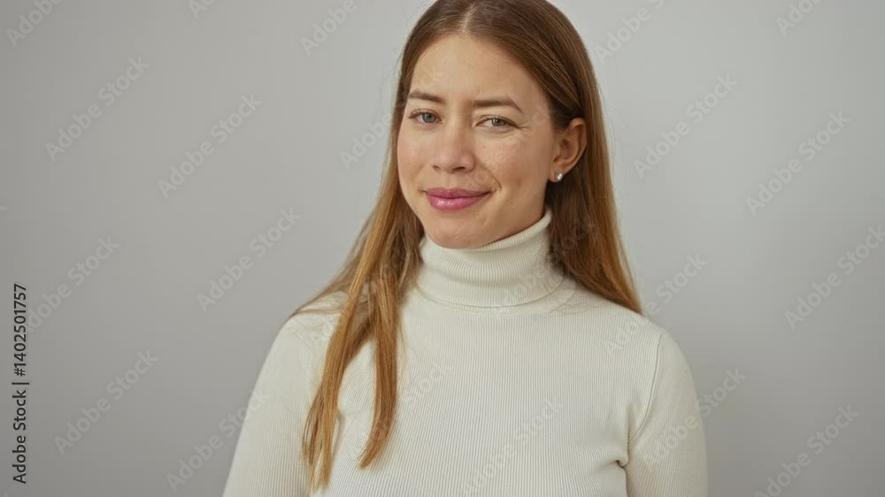 Woman smiling confidently against a plain white background exuding beauty and elegance with long hair and a serene expression in an isolated setting.