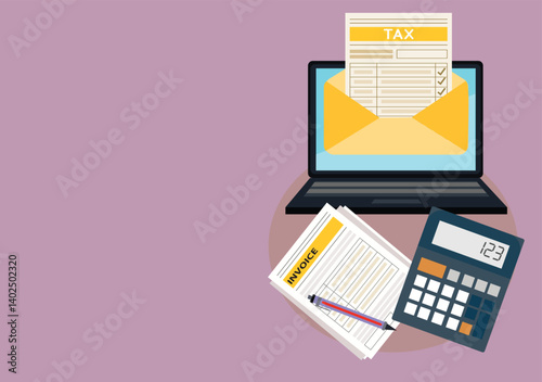 Income tax filing, tax filing form with calculator and laptop