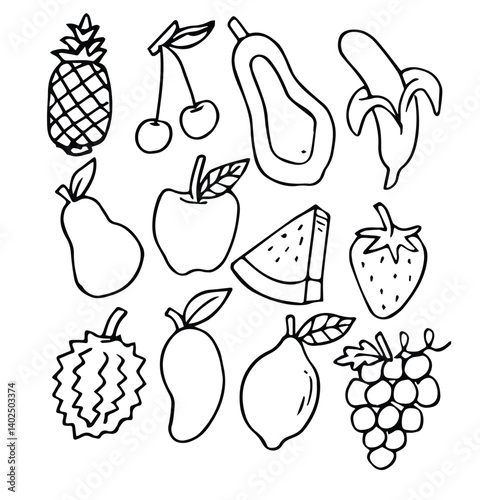 Fruits Doodle Hand Draw set. Vector food elements collection for menu, textile prints, posters