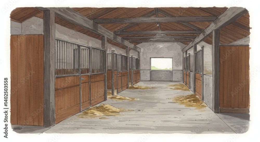 Rustic Barn Stable Interior Design - A serene symbolizing tranquility, rustic charm, equestrian life, rural simplicity, and architectural design Rustic Barn Stable Interior Design - A serene symbolizing tranquility, rustic charm, equestrian life, rural simplicity, and architectural design