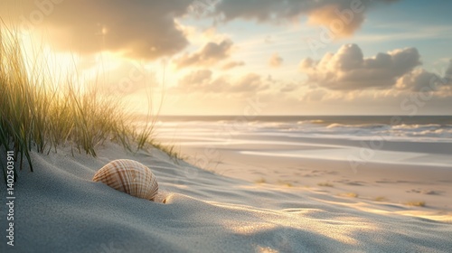 Shells resting on soft sand by the calming ocean waves during a serene sunrise