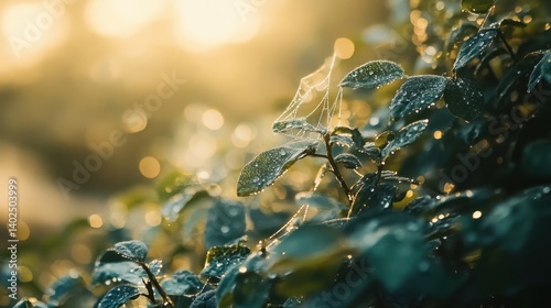 Morning sunlight illuminates spider web on evergreen tree branches with bokeh effect in serene natural setting