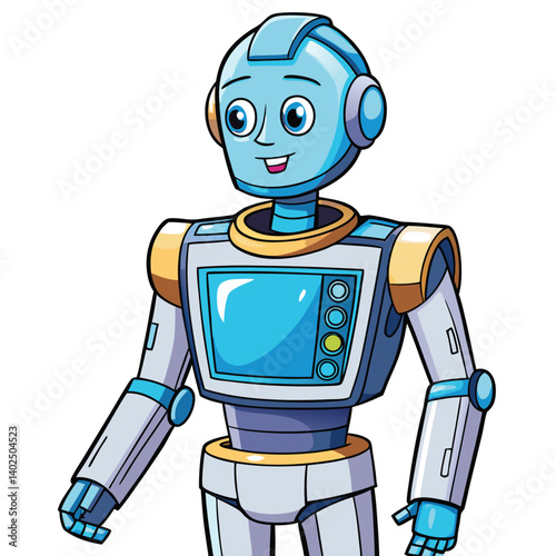 Friendly robot character with a display screen